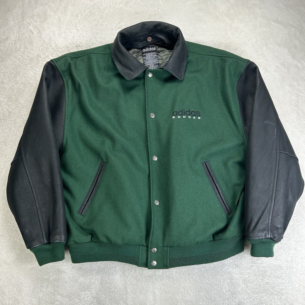 Vintage 90s Adidas Soccer Varsity Jacket Mens L Green Wool Leather Spellout READ